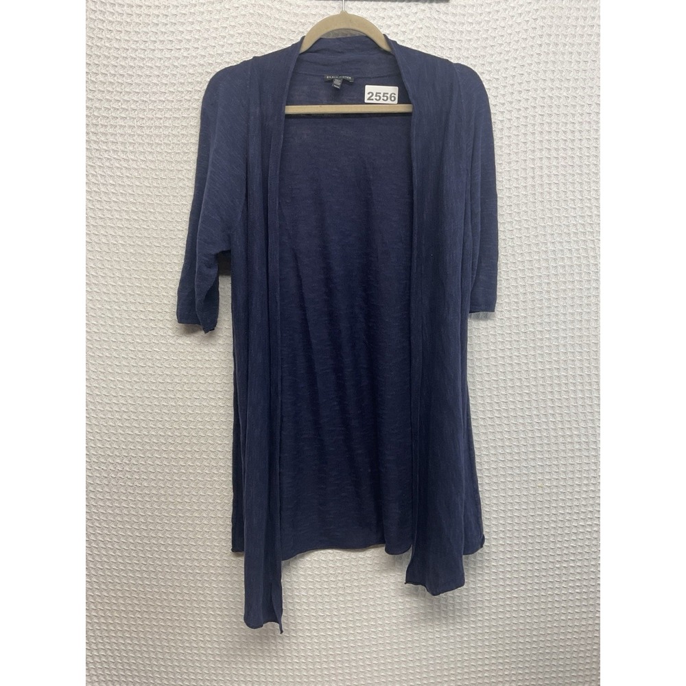 EILEEN FISHER Cardigan M Organic Linen Cotton Slub Open Front Elbow Sleeve Navy